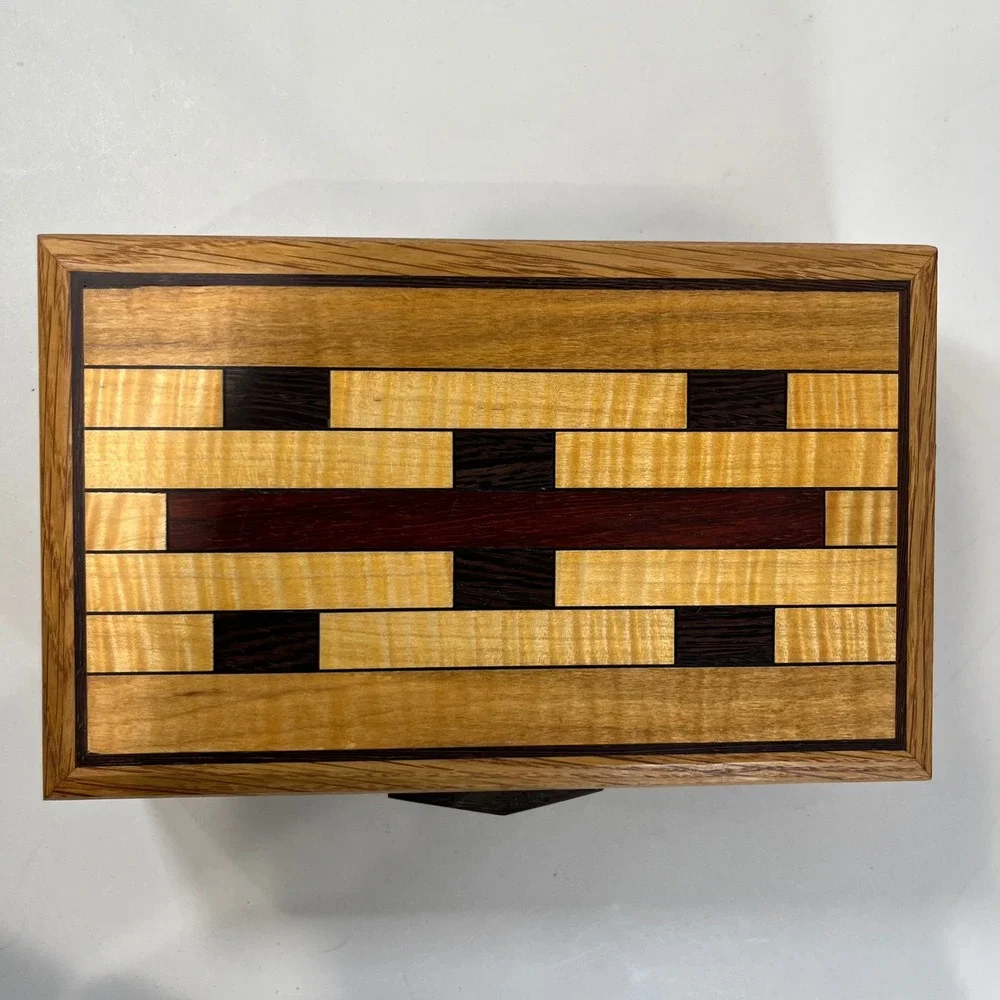 Vintage Handmade Wood Jewelry Box Inlay Geometric Marquetry Folk Art Signed